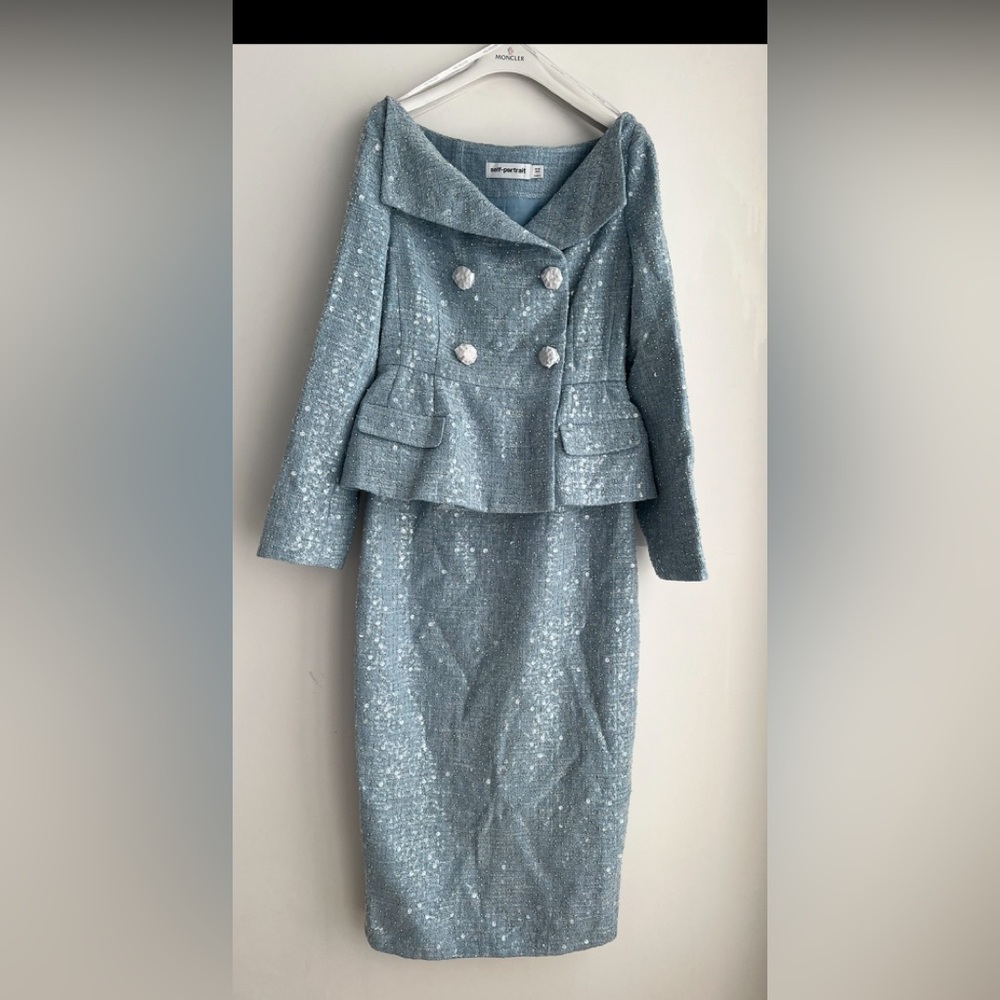 Self Portrait BLUE SEQUIN BOUCLE MIDI DRESS - Picture 2 of 5